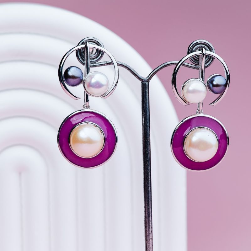 Silver statement earrings with pearls and magenta enamel 